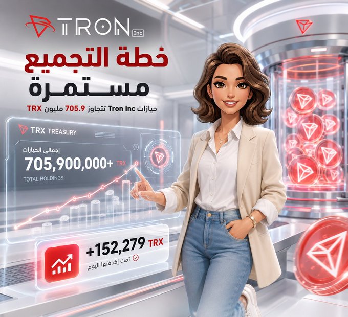 A stylized illustration of a woman in business attire points toward a digital display showing Tron Inc's TRX Treasury balance exceeding 705,900,000 TRX, with a "+152,279 TRX" addition highlighted. The image visually reinforces the post's message about Tron Inc's long-term accumulation strategy, with the upward trend graph and glowing TRX logos emphasizing steady, strategic growth rather than short-term price action.