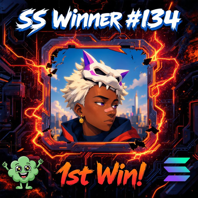 A vibrant digital announcement celebrating "SS Winner #134" with a bold "1st Win!" graphic, featuring a stylized anime-style character wearing a white wolf mask against a fiery, cracked frame, alongside the accompanying Solana giveaway details awarding @0xjayben their first of two wins toward $50 in SOL.