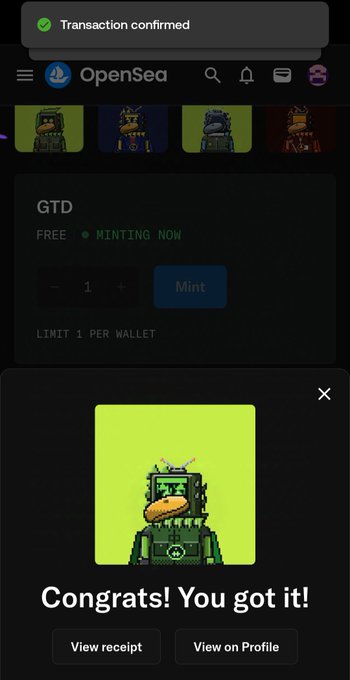 An OpenSea transaction confirmation showing a successful mint of a 'GTD' NFT, with a green pixelated robot character and the message 'Congrats! You got it!'