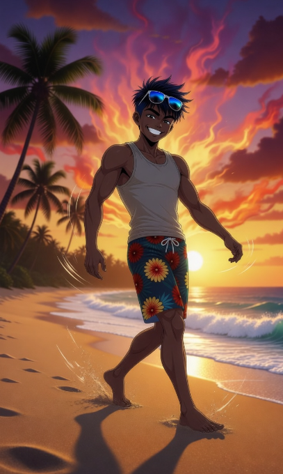 The image features a man walking along a beach at sunset with palm trees in the background. The man appears to be enjoying his time outdoors as he walks, possibly taking a break from work or simply appreciating the beautiful scenery around him. The photo captures the essence of a relaxing day by the ocean and showcases the natural beauty of the environment.