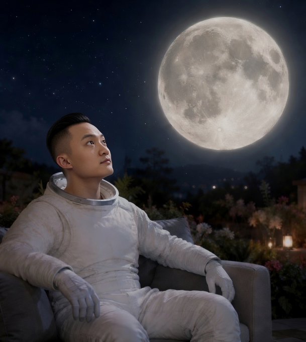The image features an astronaut wearing a white jumpsuit, sitting on a couch with his eyes focused upwards towards the sky. The moon can be seen in the background, adding to the overall atmosphere of the scene. The caption "That moment when a god candle shows up and the breakout finally confirms what the chart’s been whispering all along Are you ready @singularryai $TRX $BNB" suggests that there is an impending event or discovery related to the astronaut's mission, possibly involving the moon or space exploration.