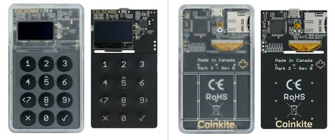 The image shows a Coldcard hardware wallet, a Coinkite product made in Canada, displaying both its front with keypad and screen and its back with regulatory markings (CE, RoHS). It is directly referenced in the post, which discusses a vulnerability in the device's randomness generation that a developer identified during a firmware audit, leading to around $130 million in thefts.
