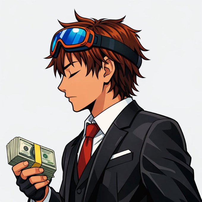 An anime-style character in a black suit, red tie, and blue-tinted goggles perched on his messy brown hair holds a thick stack of banded $100 bills, eyes closed in a cool, composed expression—visually echoing the "GM" (good morning) crypto greeting with a confident, money-ready vibe.