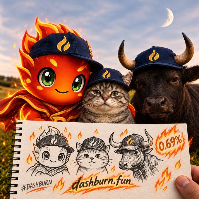 AI-generated image for '#DASHBURN' featuring a cartoon flame character, a tabby cat, and a bull all wearing branded caps, alongside a sketchbook showing their illustrated versions with '0.69%' text.