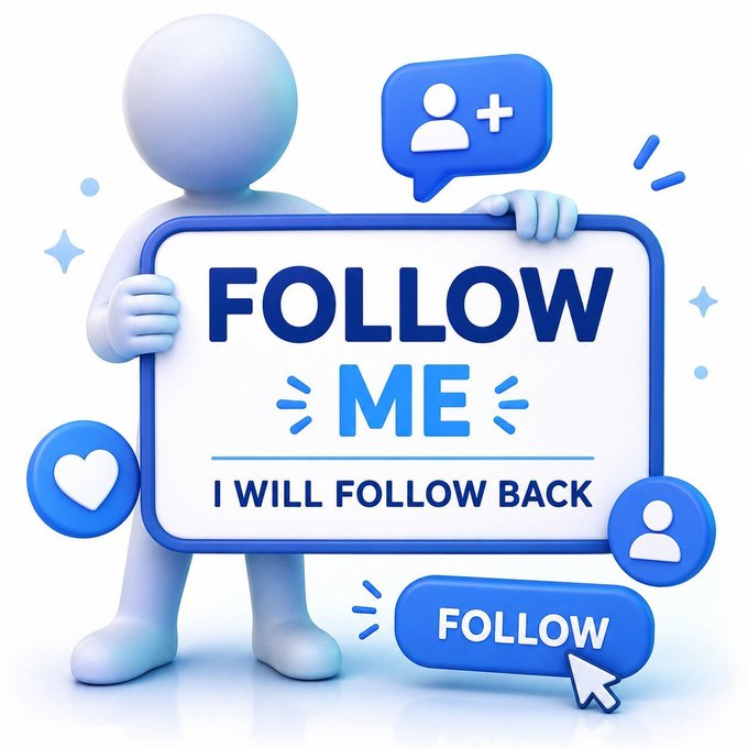 A 3D rendered graphic featuring a white figure holding a blue sign that reads 'FOLLOW ME I WILL FOLLOW BACK' alongside social media icons.