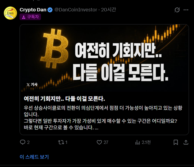 A tweet from Crypto Dan (@DanCoinInvestor) about Bitcoin with Korean text translating to 'Still gathering momentum.. Then we know it's a relief rally.'