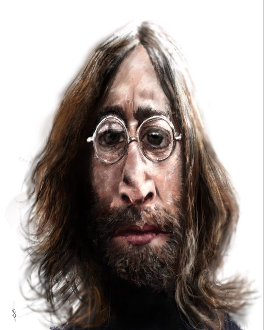 A digital painting portrait of John Lennon features his characteristic round glasses, long hair, beard, and mustache against a white background.