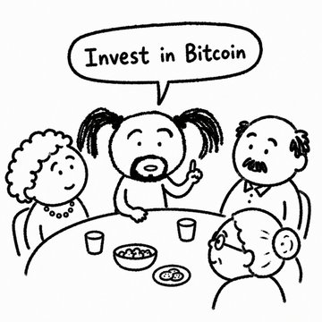 A black-and-white cartoon showing a family seated around a dinner table while a child stands up and declares 'Invest in Bitcoin' in a speech bubble.