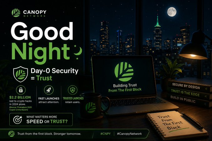 The image is a "Good Night" themed promotional graphic for Canopy Network (@CNPYNetwork) featuring a cozy nighttime office scene with a laptop displaying "Building Trust From The First Block," a coffee mug, and a notebook reading "Trust From The First Block," all set against a city skyline with a full moon. The graphic highlights key messaging including "$2.2 BILLION lost to crypto hacks in 2024 alone," "Day-0 Security = Trust," and "Speed or Trust?"—directly reinforcing the post's message about how blockchain security and trust, rather than launch speed, are critical factors when evaluating platforms like Canopy Network.