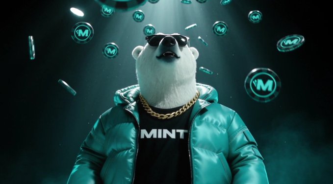 A digital illustration of a polar bear mascot wearing sunglasses, a gold chain, and a teal puffer jacket over a black shirt that reads 'MINT', surrounded by floating 'M' coins against a teal-lit background.
