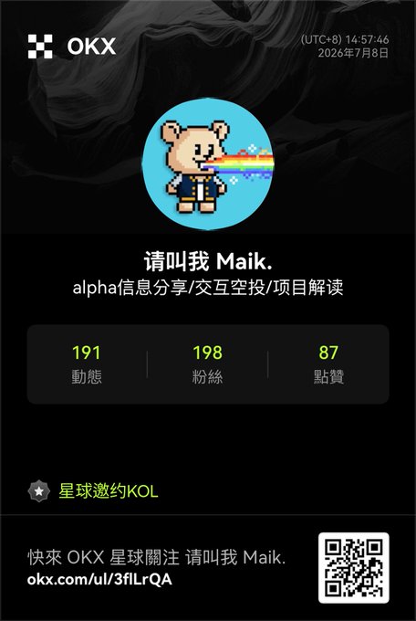 An OKX profile card for '請叫我 Maik.' dated 2026年7月8日, showing 191 posts, 198 followers, and 87 likes, with a QR code linking to okx.com/ul/3fiLrQA.