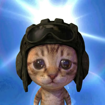A 3D rendered kitten wearing a black tactical pilot helmet with goggles, set against a glowing blue and white background.