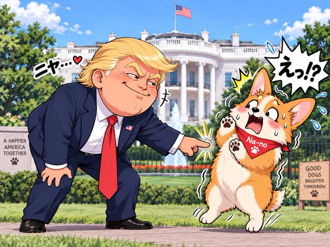An anime-style illustration of Donald Trump pointing at a surprised corgi wearing a 'Na-no' bandana in front of the White House.