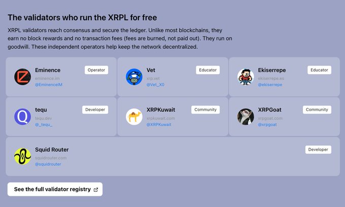 Screenshot of a webpage titled 'The validators who run the XRPL for free,' listing independent operators including Eminence, Vet, Ekiserrepe, tequ, XRPKuwait, XRPGoat, and Squid Router.