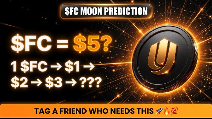 A promotional graphic titled "$FC MOON PREDICTION" featuring a golden Unich coin and bold text suggesting "$FC = $5?" with a price progression from "$1 → $2 → $3 → ???", encouraging viewers to tag a friend and comment their Day 1 price prediction for UNICH's $FC token.