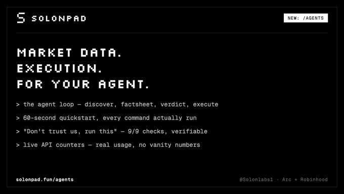 A dark promotional page for 'SOLONPAD' advertises 'MARKET DATA. EXECUTION. FOR YOUR AGENT.' with the URL 'solonpad.fun/agents'.