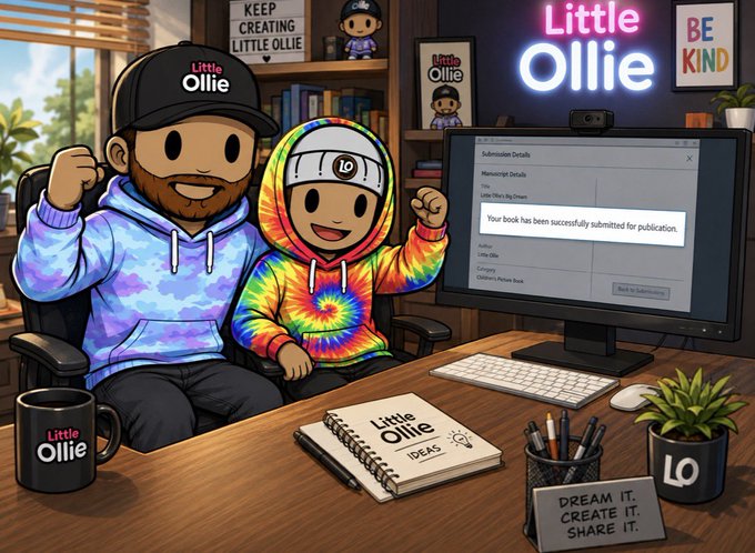 An illustrated scene of two characters wearing 'Little Ollie' apparel at a desk, featuring a monitor displaying a successful submission message and the text 'KEEP CREATING LITTLE OLLIE' and 'BE KIND'.