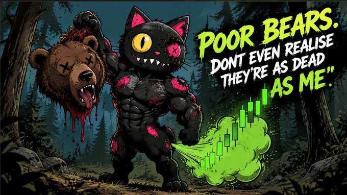 A cartoon illustration of a muscular, demonic black cat with glowing yellow eyes holding a bloody, severed bear head, accompanied by the text 'POOR BEARS. DON'T EVEN REALISE THEY'RE AS DEAD AS ME.'