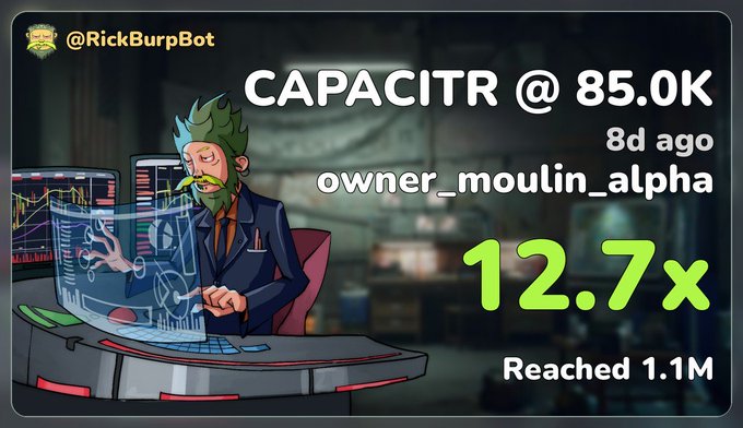 A promotional graphic features a cartoon character analyzing data on a futuristic screen, advertising a 12.7x gain on the $CAPACITR token, which was shared 8 days ago by @RickBurpBot and reached a 1.1M market cap from a 85.0K entry by owner_moulin_alpha. The image highlights the successful call referenced in the post, showcasing the impressive returns achieved by followers in the private group.