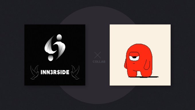 A collaboration announcement graphic featuring two square logos side by side against a dark background: the black "INN3RSIDE" logo on the left with a silver flame-like figure and decorative wings, and a cream-colored square on the right showcasing a red cartoon character (a "Gloomble") with a sleepy expression, separated by an "X" with "COLLAB" text below.