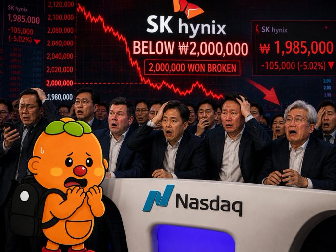 An illustration shows distressed businessmen at a Nasdaq desk reacting to an SK hynix stock crash display showing the price falling to ₩1,985,000 (-5.02%), with a worried cartoon orange character in the foreground.