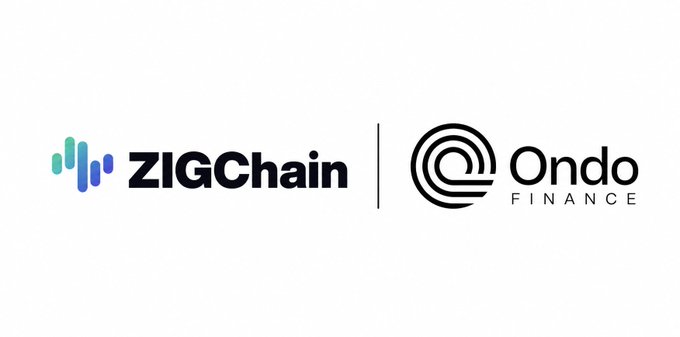 The image features two logos side by side against a white background. One logo is for ZigChain, a company that specializes in blockchain technology, while the other logo is for Ondo Finance, which focuses on financial services. The logos are positioned next to each other and share a similar color scheme of blue and black. The text "ZIGCHAIN" and "ONDO FINTANCE" can be seen below their respective logos.