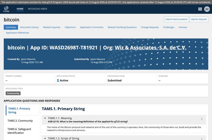 A screenshot of the ICANN GTLD Program application portal displaying a "bitcoin" Top Level Domain application (App ID: WASD2698T-T81921) submitted by Wiz & Associates, S.A. de C.V. on August 12, 2026, with a community application type. This relates to the accompanying post by showcasing the official ICANN submission for the .Bitcoin gTLD, which was backed by 50+ industry support letters.