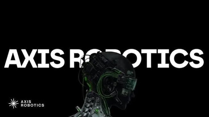 A dark promotional banner for 'AXIS ROBOTICS' featuring large white text overlaid on a black background with a cybernetic humanoid figure visible in the center.