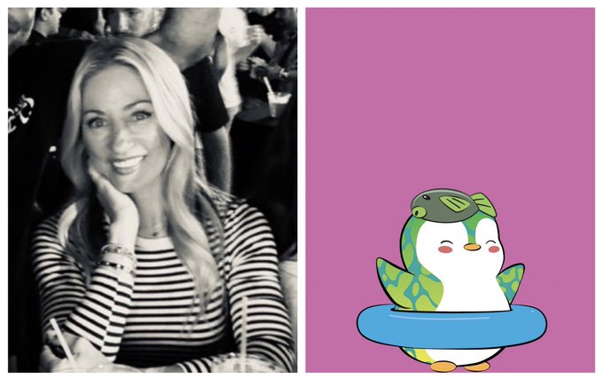 A side-by-side comparison: a black-and-white photo of a smiling blonde woman in a striped shirt, and a cartoon penguin mascot with a green visor on a pink background.