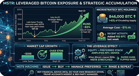 An infographic titled 'MSTR: LEVERAGED BITCOIN EXPOSURE & STRATEGIC ACCUMULATION' showing MicroStrategy's BTC holdings of 846,000 BTC and market cap growth from $39B to over $70B between June and September 2022.