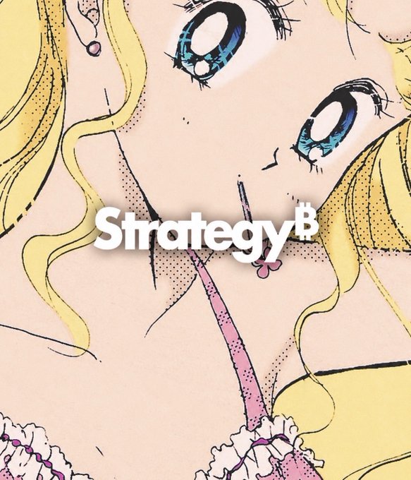 Anime-style illustration of a wide-eyed blonde girl with blue eyes licking a pink lollipop, overlaid with the word "Strategy" in bold white text with a Bitcoin symbol replacing the "y."