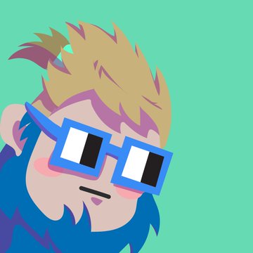 A cartoon avatar of a blonde-haired character wearing thick blue-rimmed square glasses against a bright green background.
