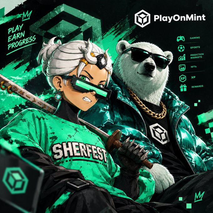 Promotional artwork for PlayOnMint featuring an anime-style character with white hair and a green eyepiece next to a polar bear wearing sunglasses and a green jacket. Text reads 'PLAY EARN PROGRESS' and 'SHERFEST', with icons for Gaming, Sports, Prediction Markets, NFTs, XP, and Rewards.