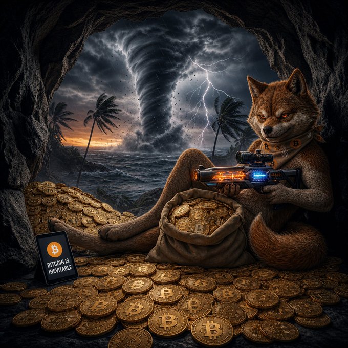 A digital illustration depicts an anthropomorphic fox sitting on a pile of Bitcoin coins inside a cave, holding a futuristic rifle, with a tornado and lightning in the background and a sign reading 'BITCOIN IS INEVITABLE.'