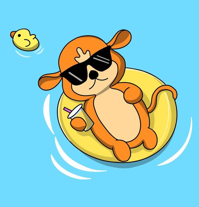 A cartoon illustration of a dog wearing sunglasses floating in a yellow inner tube while holding a drink, with a small yellow duck nearby on a blue background.
