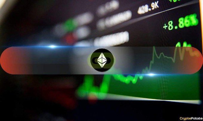 A close-up image of a digital screen showing green price charts and percentages, overlaid with a glowing banner containing the Ethereum (ETH) diamond logo.
