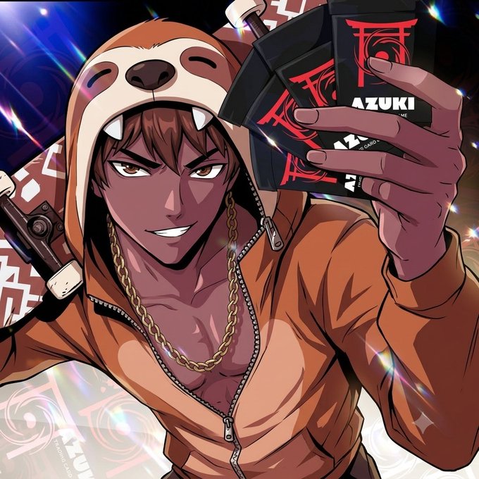 An anime-style illustration of a male character wearing an orange animal-eared hoodie and gold chain, smirking while holding up "AZUKI" playing cards.