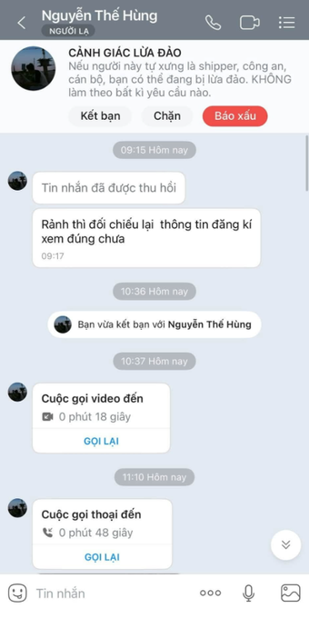 A Vietnamese-language Facebook Messenger screenshot shows a chat with 'Nguyễn Thế Húng' containing scam warnings ('CẢNH GIÁC LỪA ĐẢO'), profile information, and records of video and voice calls.