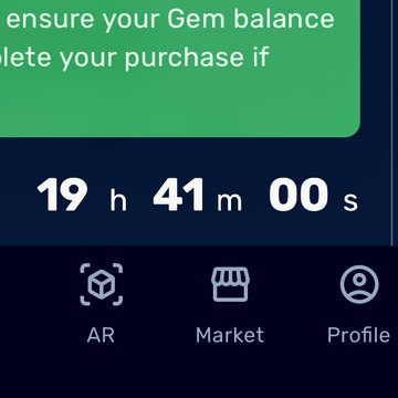 A mobile app interface showing a countdown timer at "19 h 41 m 00 s" with navigation icons for AR, Market, and Profile, and partial text about "Gem balance" and completing a purchase.