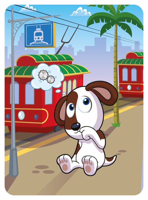 A cartoon puppy sits thoughtfully on a sidewalk, imagining gears turning in a thought bubble as red trolleys pass by and a "T" train station sign hangs overhead. The determined, hopeful dog mirrors the poster's theme of perseverance—reflecting on the tough but achievable journey of rebuilding lost crypto, made easier by the support of a generous gift from Gary Vaynerchuk.