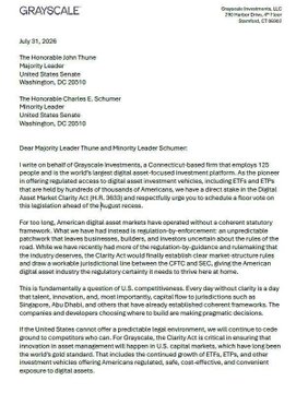 A letter on Grayscale Investments letterhead dated July 31, 2026, from the Honorable John Thune and Charles E. Schumer regarding digital asset legislation.
