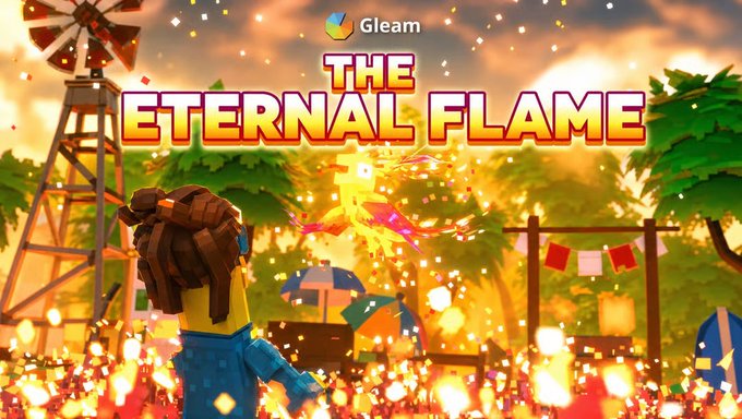 A promotional graphic titled 'THE ETERNAL FLAME' by Gleam, featuring a Roblox-style character with dreadlocks at a festive carnival scene with fire and lights.