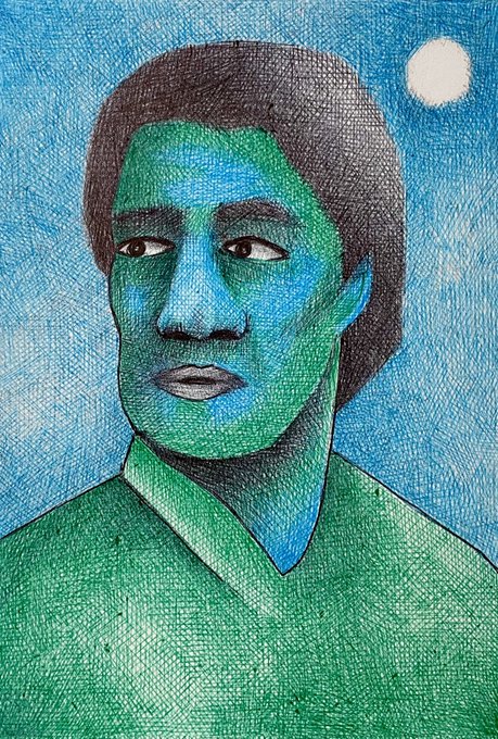 The image features a drawing of a man with a green face wearing a green shirt against a blue background. The caption reads "GM frens #TezosTuesday blueborn 1/1" which seems to be related to the artist's name or the series they are working on.