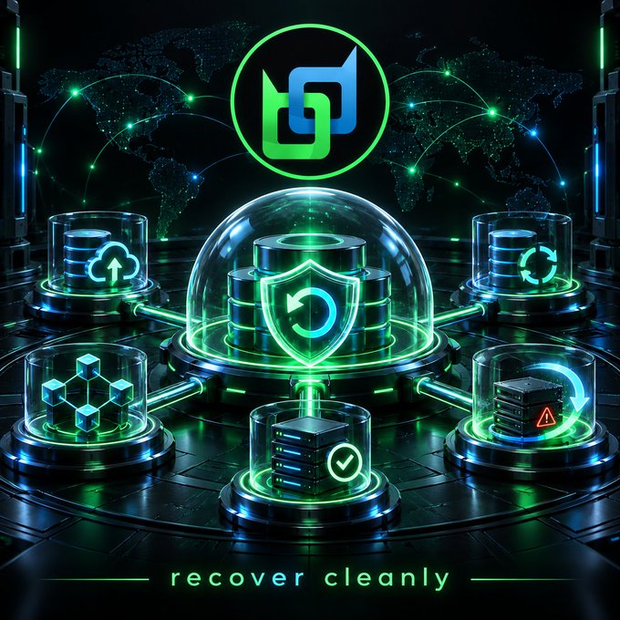 Digital artwork depicting a global data recovery system with servers, backup icons, a shield symbol, and the text 'recover cleanly' at the bottom.