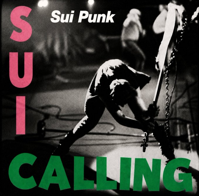 A black-and-white concert photo of a guitarist performing on stage, overlaid with bold pink and green text reading "Sui Punk" and "SUI CALLING." The gritty, DIY aesthetic of the live punk show aligns with the "Stay punk Sui" message, reinforcing a rebellious, underground vibe tied to the Sui brand.