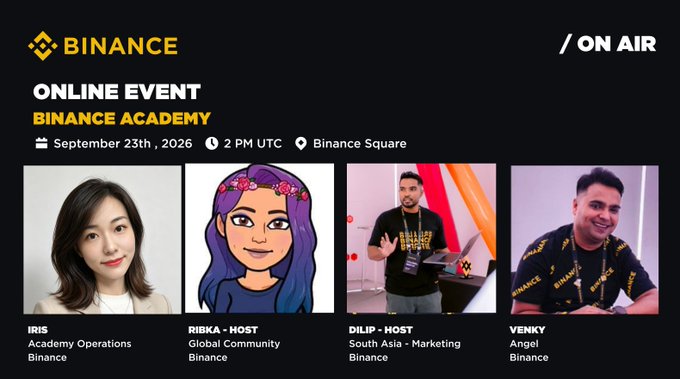 A Binance online event announcement for Binance Academy scheduled for September 23rd, 2026, featuring hosts Iris, Ribka, Dilip, and Venky.