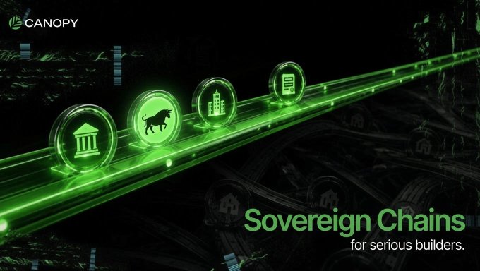 A futuristic green-themed advertisement for 'Canopy Sovereign Chains for serious builders,' featuring glowing orbs with icons of a bull, building, and document along a neon pathway.