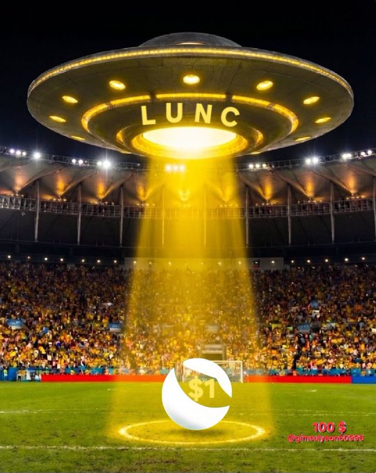 A stadium scene with a UFO labeled 'LUNC' beaming down on a soccer field, with a globe icon showing '$1' and text reading '100 $' and 'Crypto.com' style watermark.