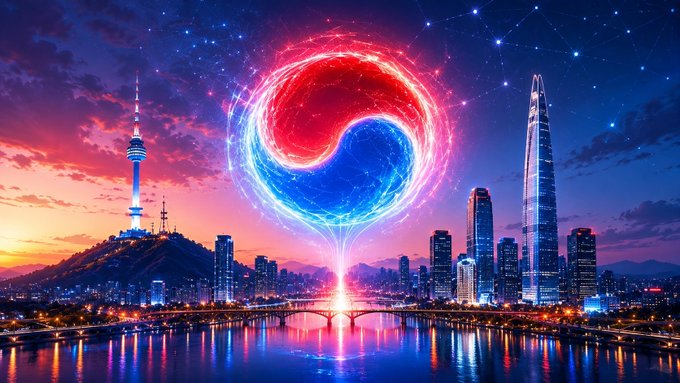 A vibrant digital artwork depicts a swirling red and blue yin-yang symbol glowing above the Seoul skyline at twilight, with the N Seoul Tower and modern skyscrapers silhouetted against a starry, colorful sky. The image visually represents the post's theme of Korea's significant and unique position in the global crypto market, blending traditional symbolism with futuristic cityscapes.