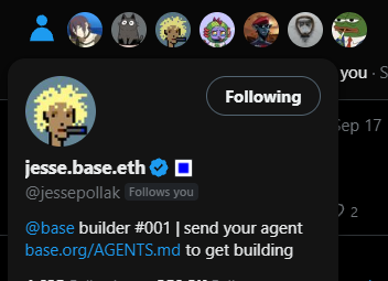 A social media profile popup for jesse.base.eth (@jessepollak) on base, showing a cartoon avatar and a Following button with recent activity mentions.